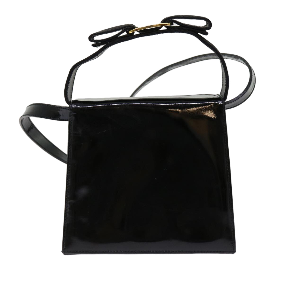 Salvatore Ferragamo Ribbon Hand Bag Patent leather 2way Black Auth ar11111 - 0