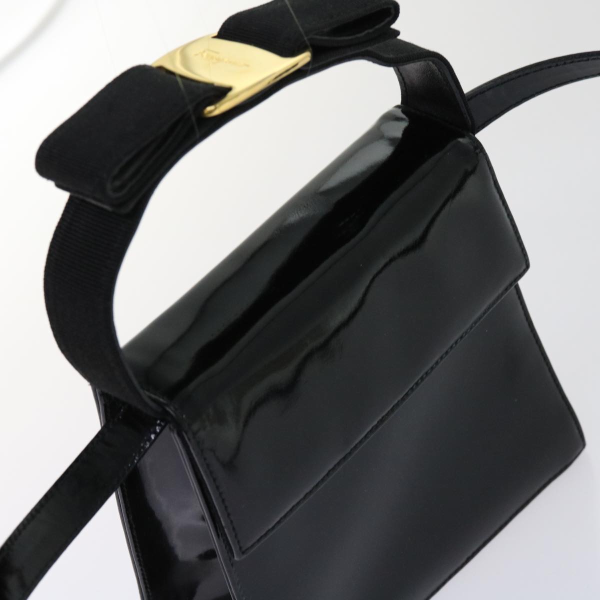 Salvatore Ferragamo Ribbon Hand Bag Patent leather 2way Black Auth ar11111