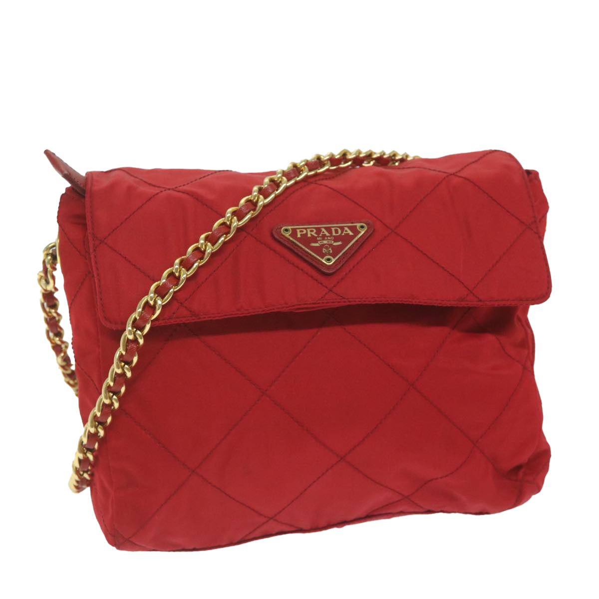 PRADA Quilted Chain Shoulder Bag Nylon Red Auth ar11217