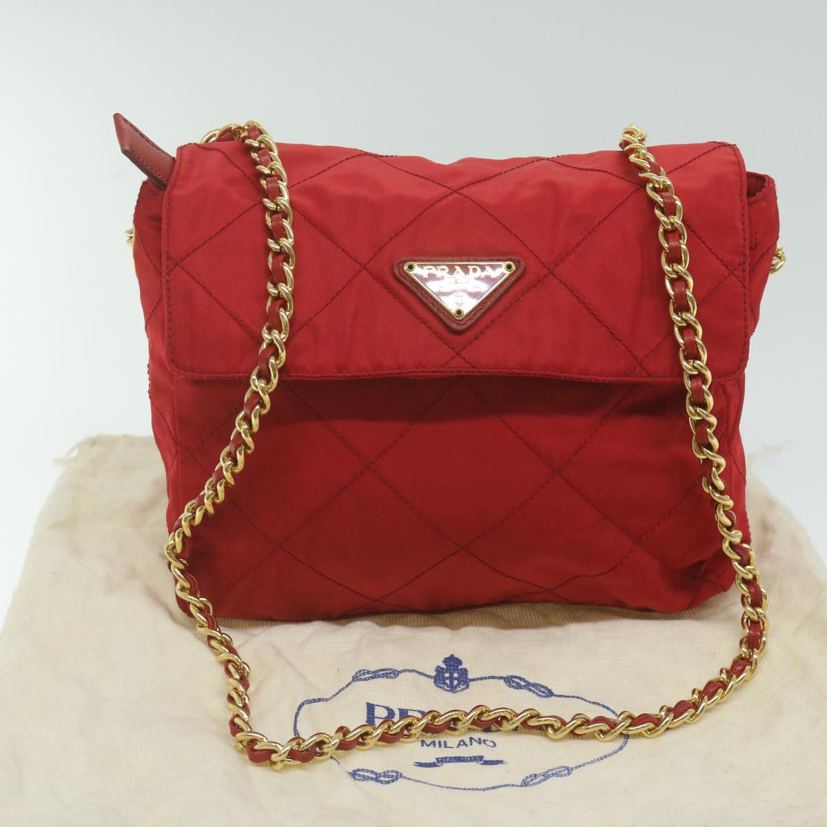 PRADA Quilted Chain Shoulder Bag Nylon Red Auth ar11217