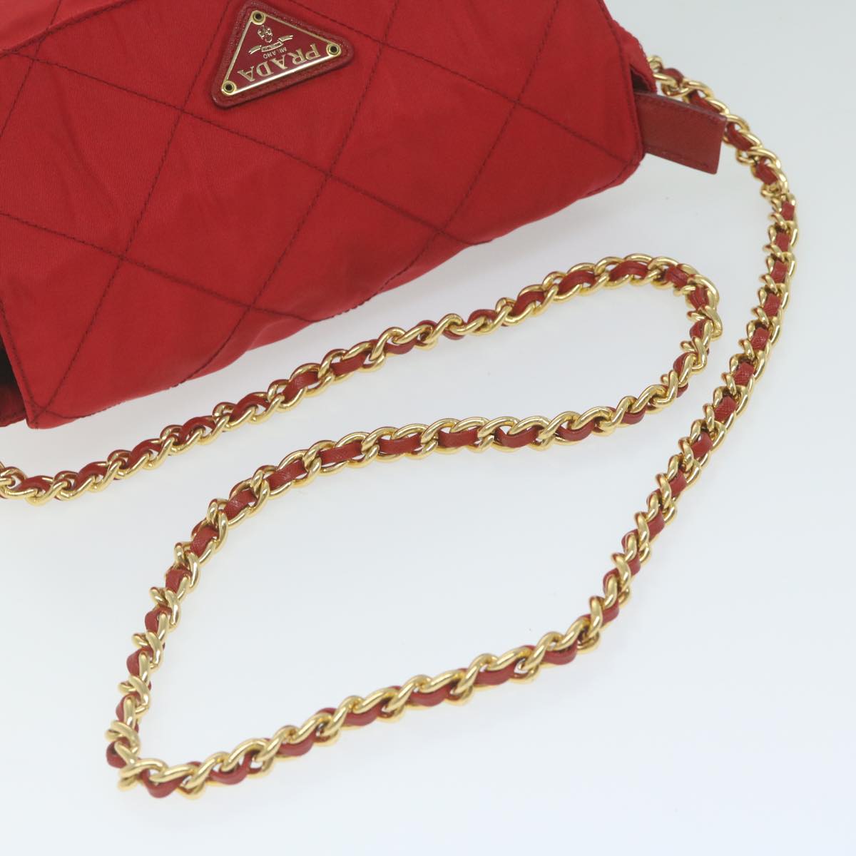 PRADA Quilted Chain Shoulder Bag Nylon Red Auth ar11217