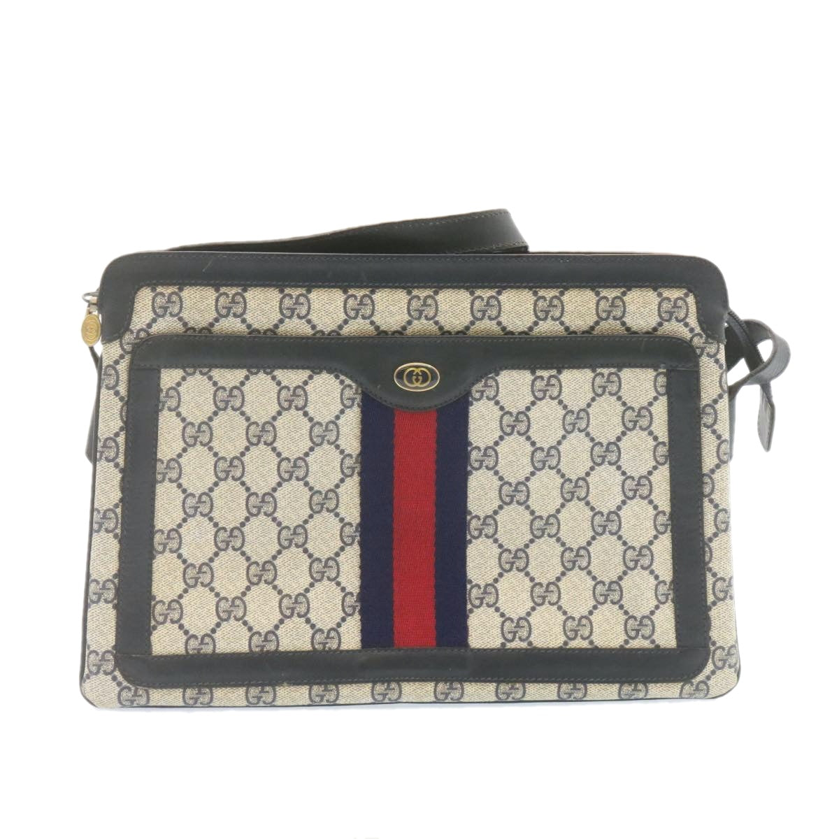GUCCI Sherry Line GG Canvas Shoulder Bag PVC Leather Red Navy Auth ar4424