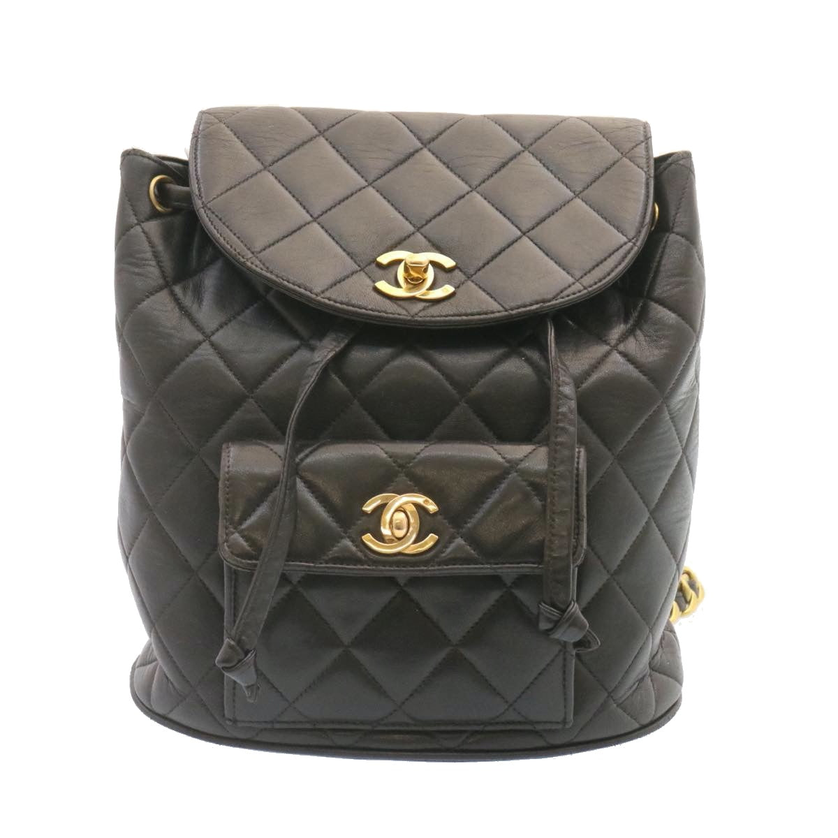 CHANEL Matelasse Backpack Leather Black Gold Tone CC Auth ar4662A