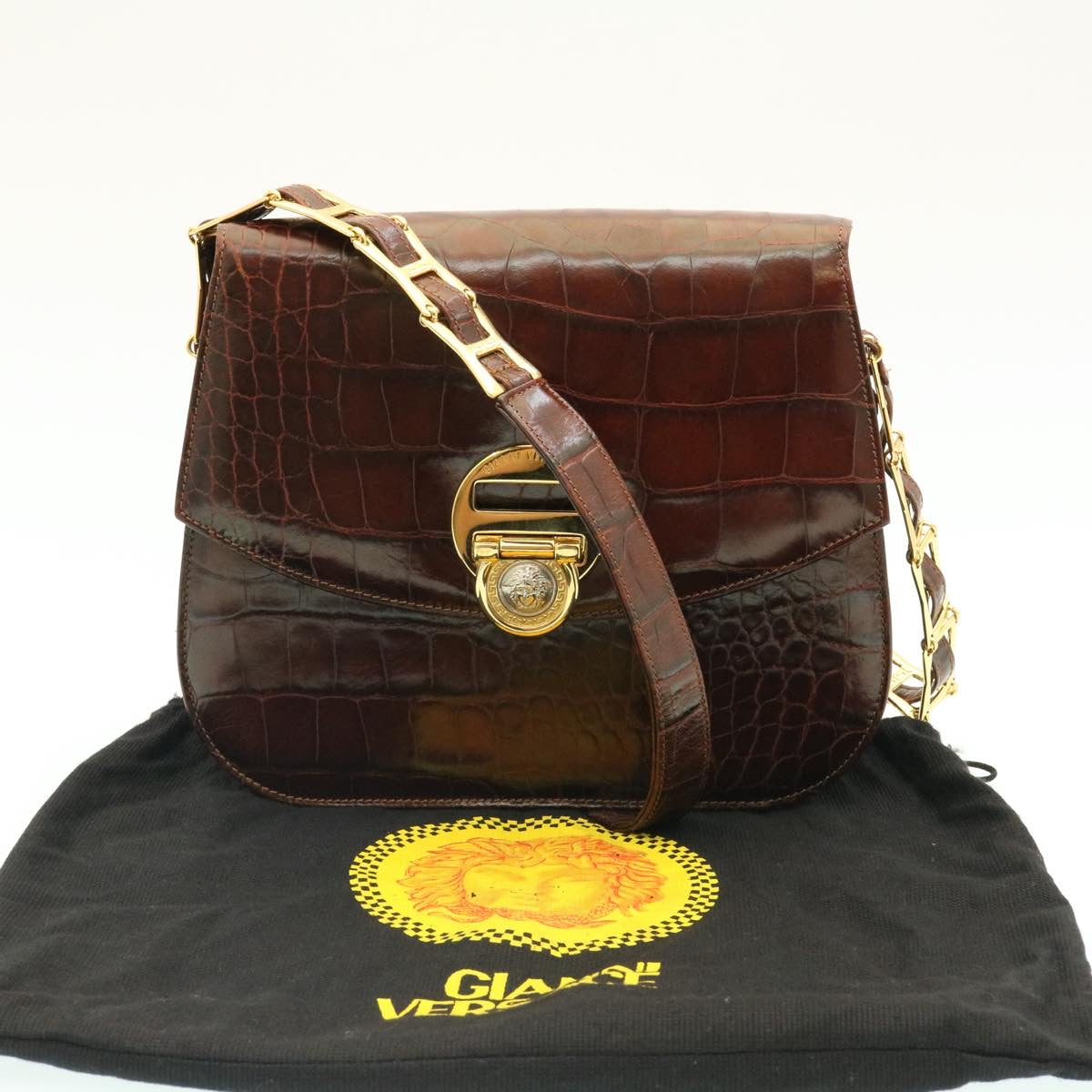 Gianni Versace Medusa Shoulder Bag Embossed Leather Brown Auth ar5059