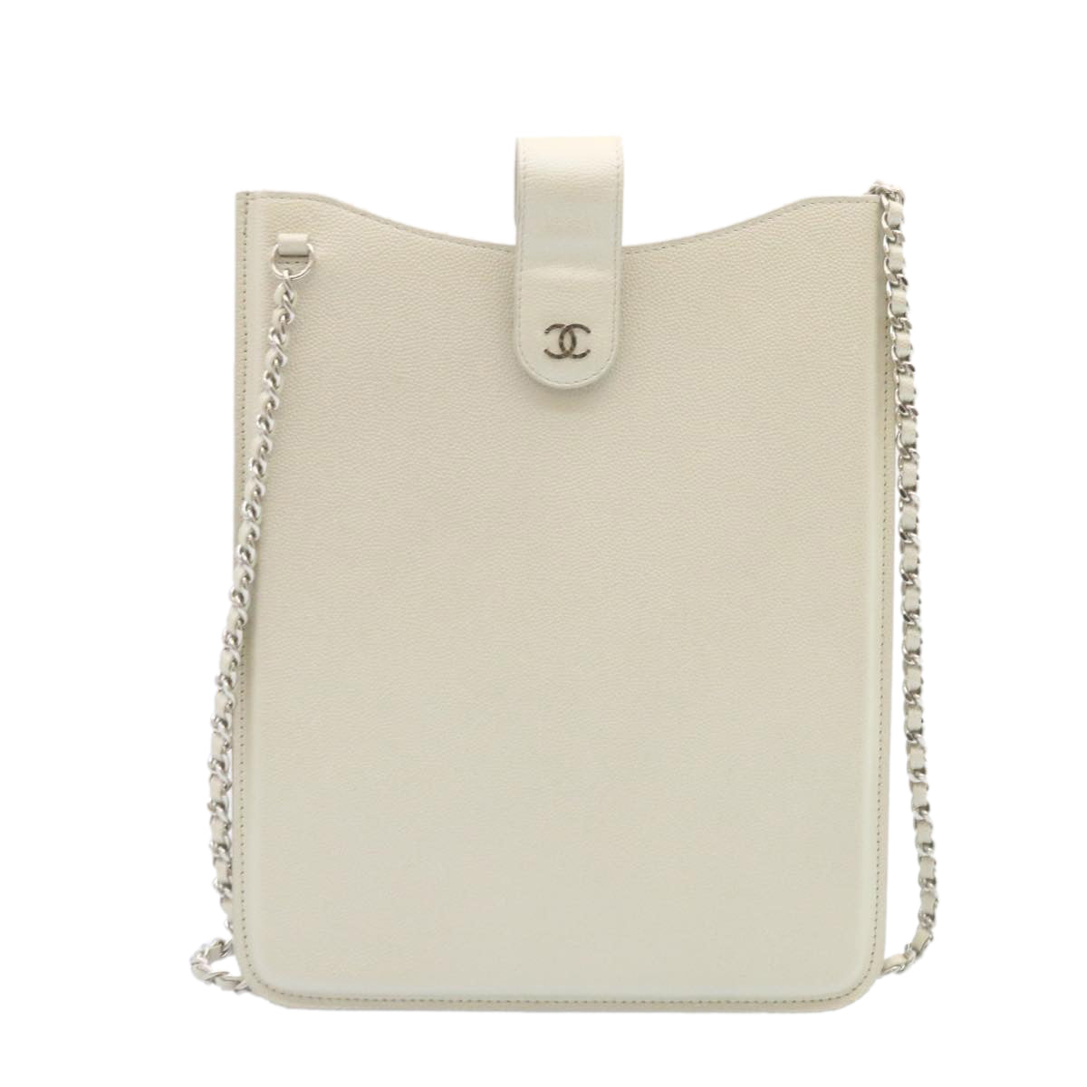 CHANEL Caviar Skin iPad Case Shoulder Bag Leather White CC Auth ar5664A - 0