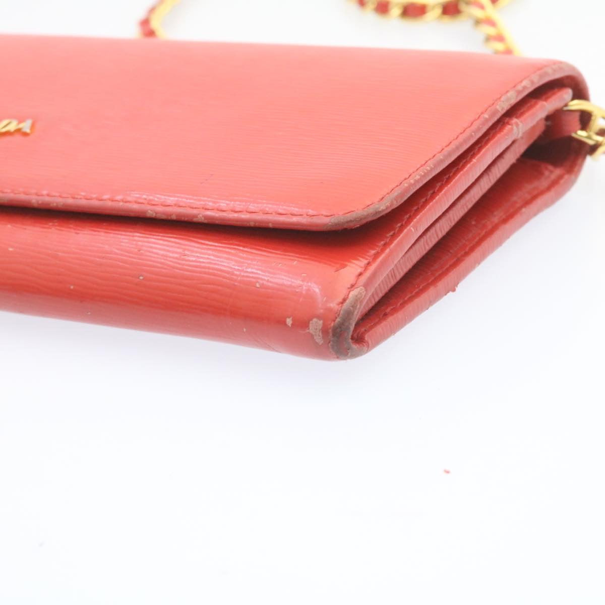 PRADA Chain Shoulder Long Wallet Leather Red Gold Auth ar5709