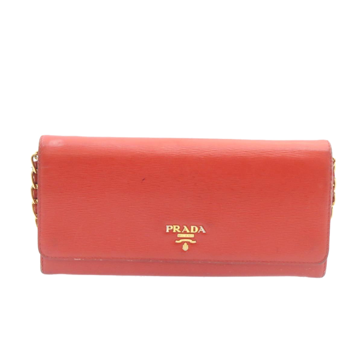 PRADA Chain Shoulder Long Wallet Leather Red Gold Auth ar5709 - 0
