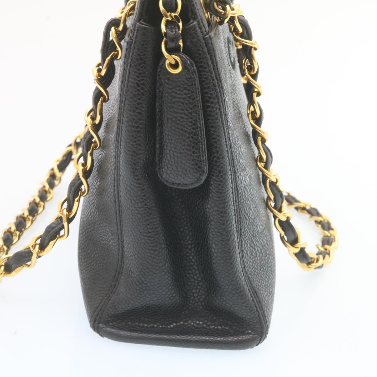 CHANEL Chain Shoulder Bag Caviar Skin Black Gold CC Auth ar5969A