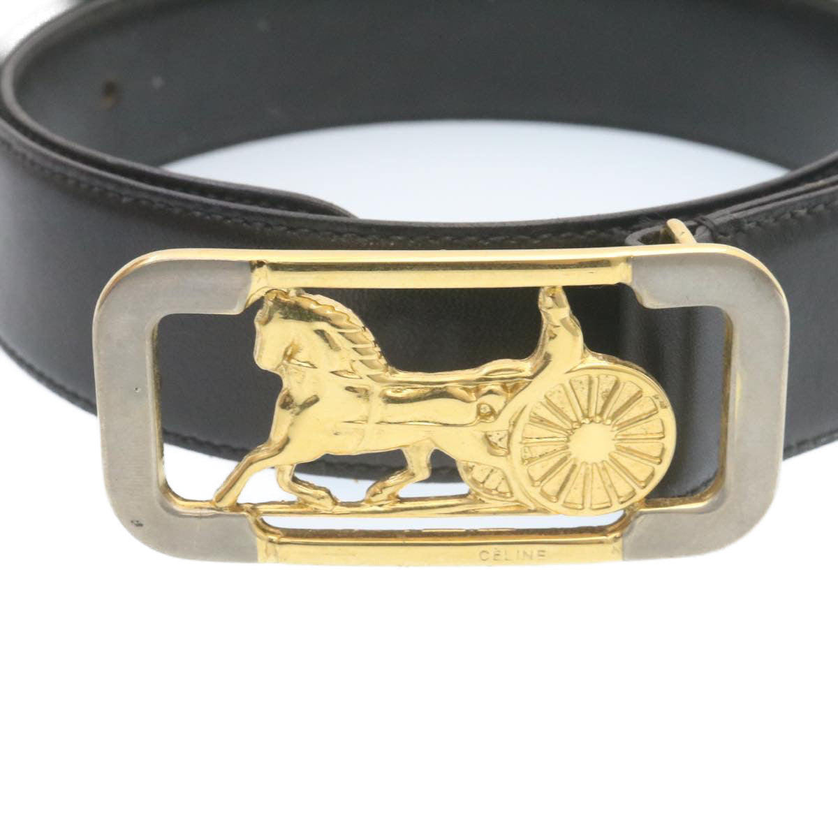 CELINE Horse Carriage Belt Leather Black Gold Auth ar6038