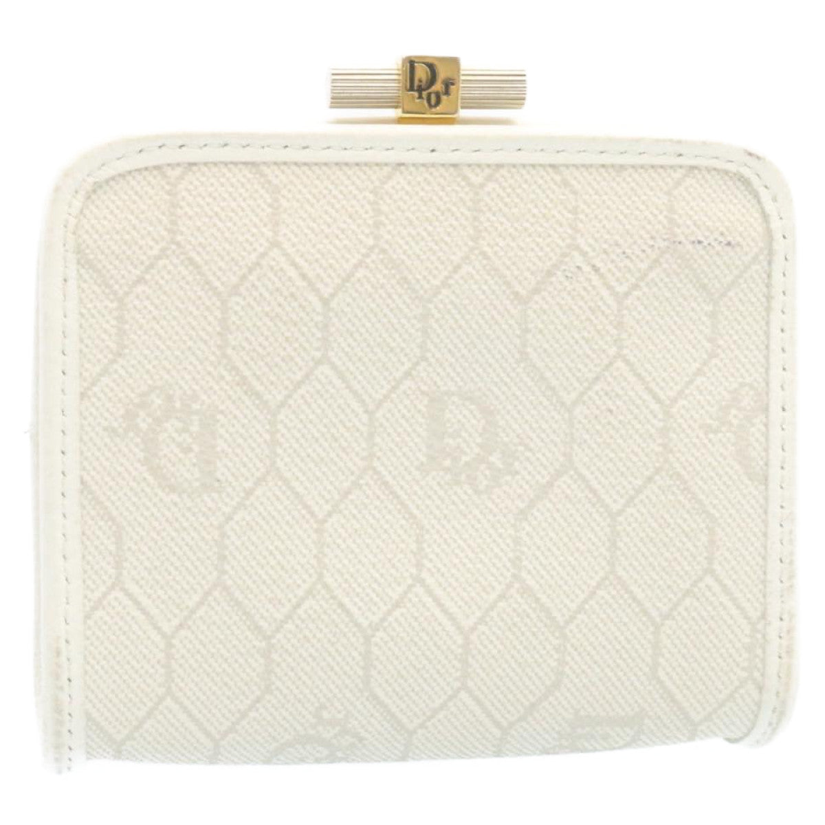 Christian Dior Honeycomb Canvas Coin Purse PVC Leather White Auth ar6087