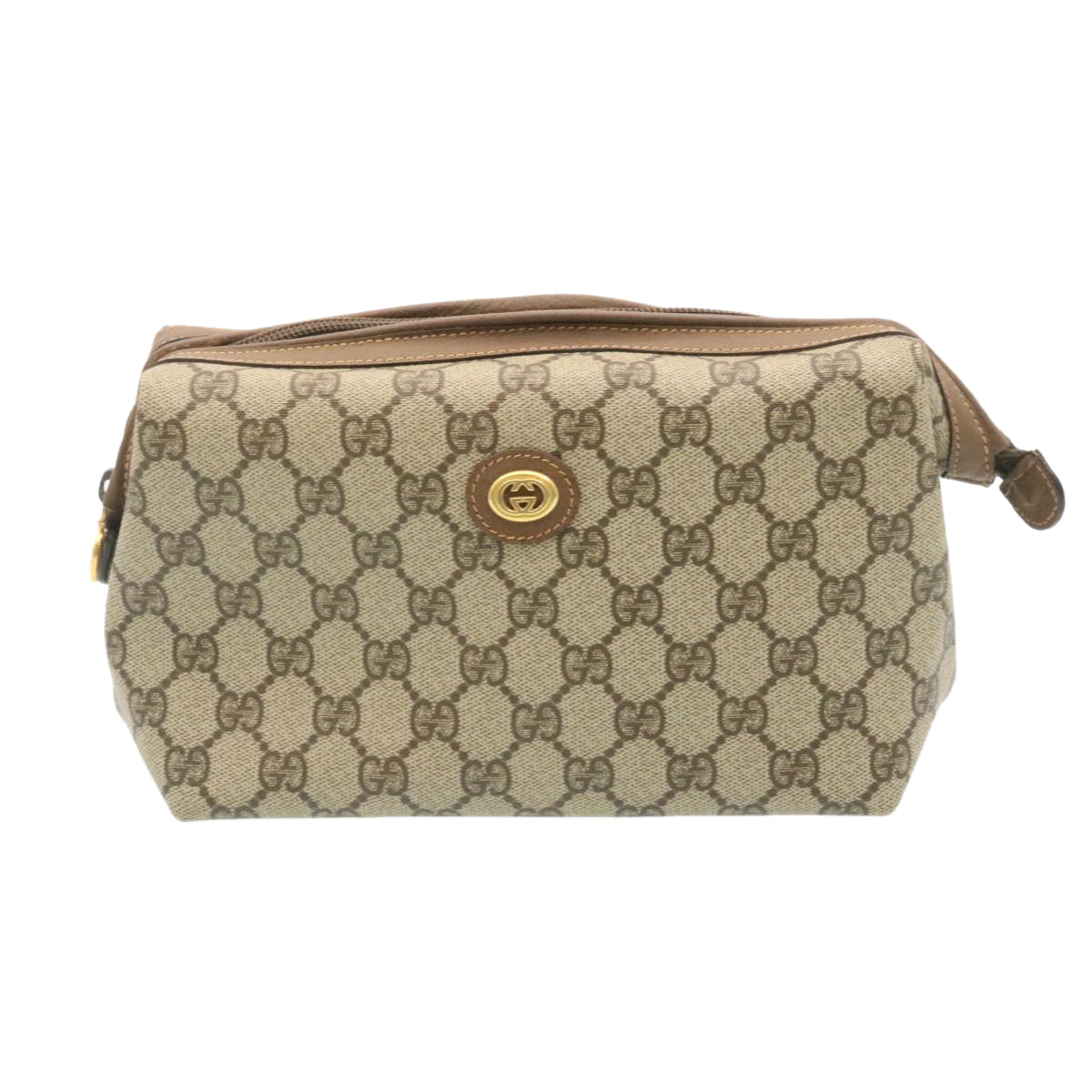GUCCI GG Canvas Pouch PVC Leather Beige Auth ar6441