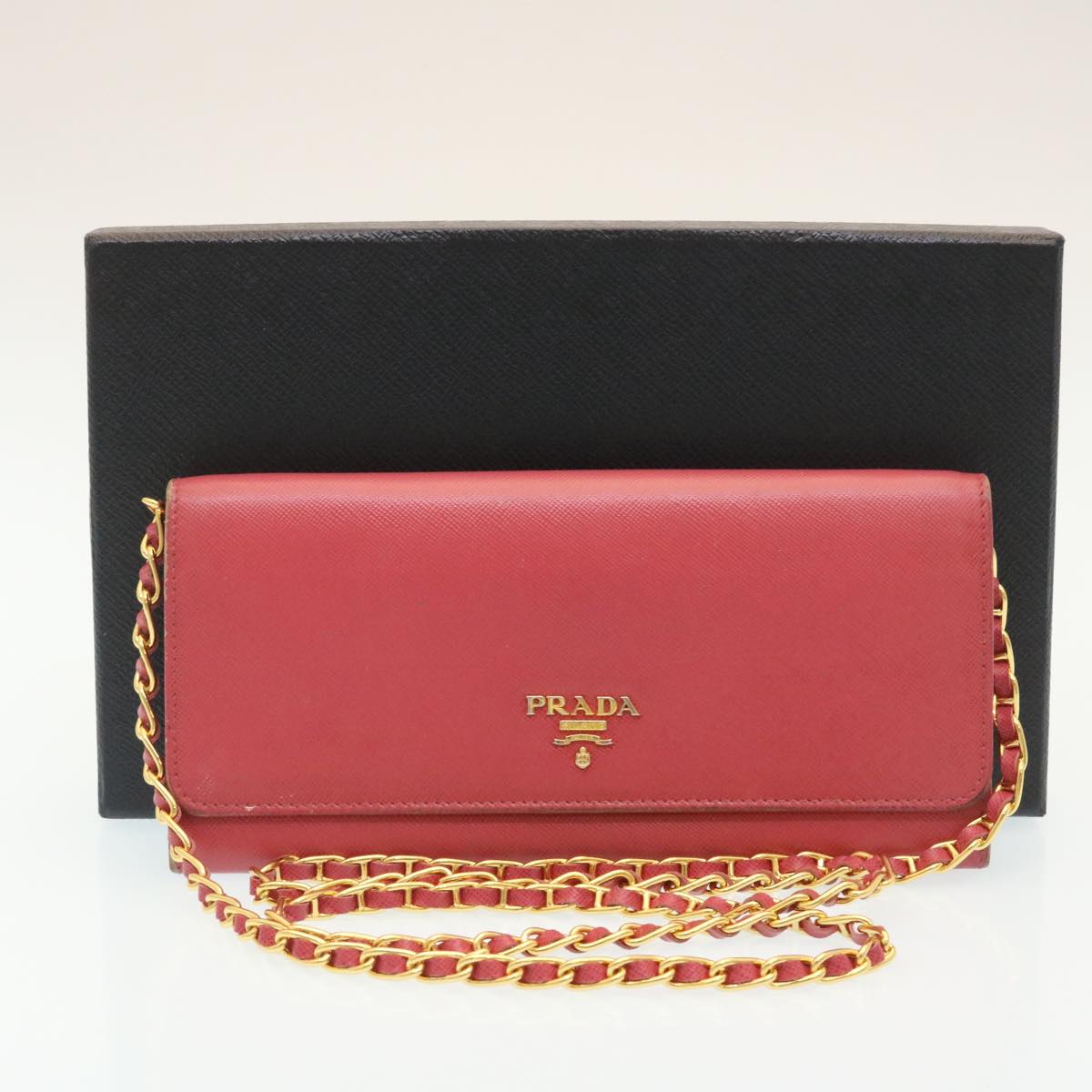 PRADA Safiano Leather Chain Wallet Pink Auth ar6601