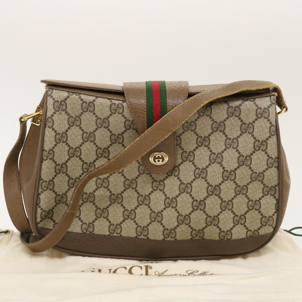 GUCCI Web Sherry Line GG Canvas Shoulder Bag Beige Red Green Auth ar6721