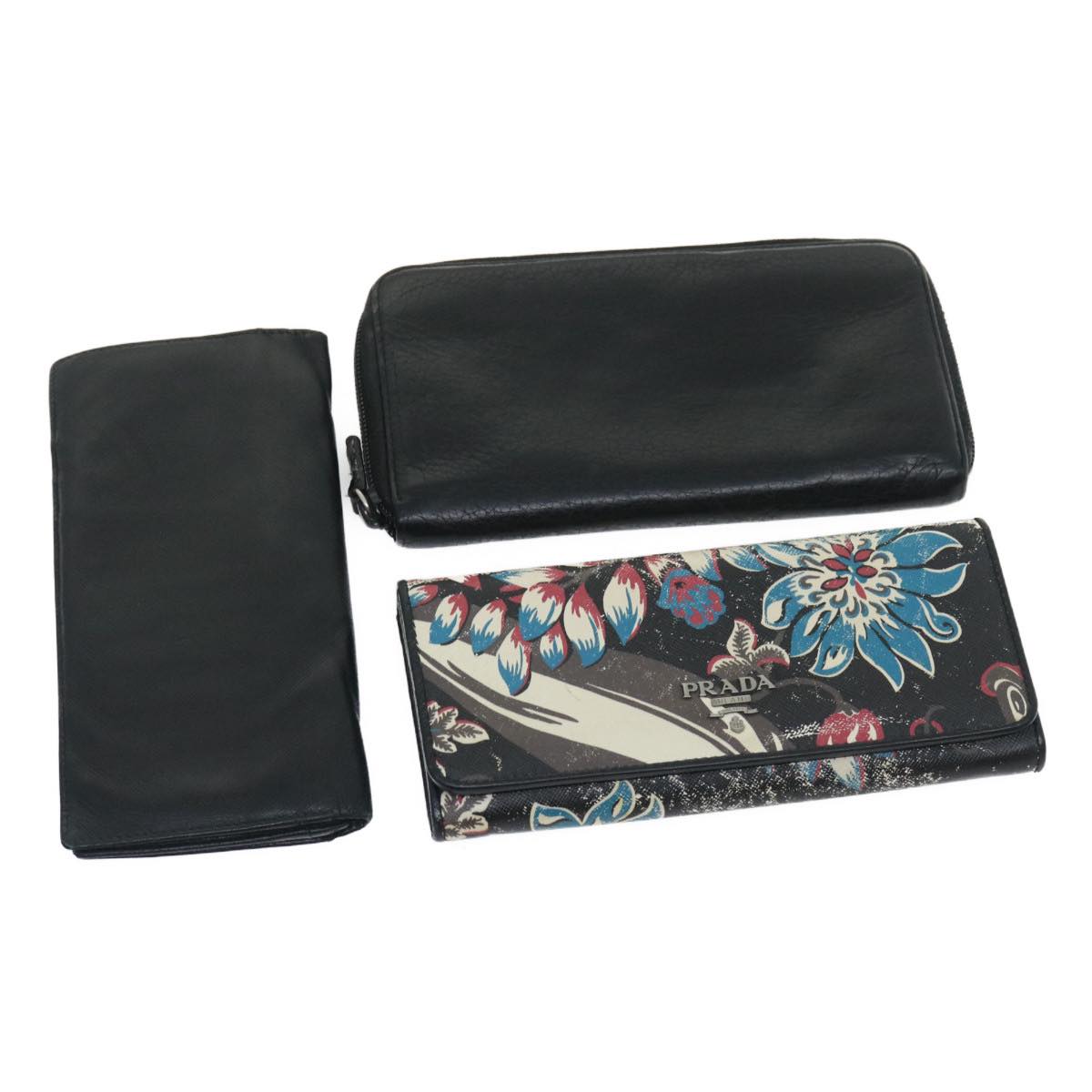 PRADA Safiano Leather Long Wallet 3Set Black Auth ar6766