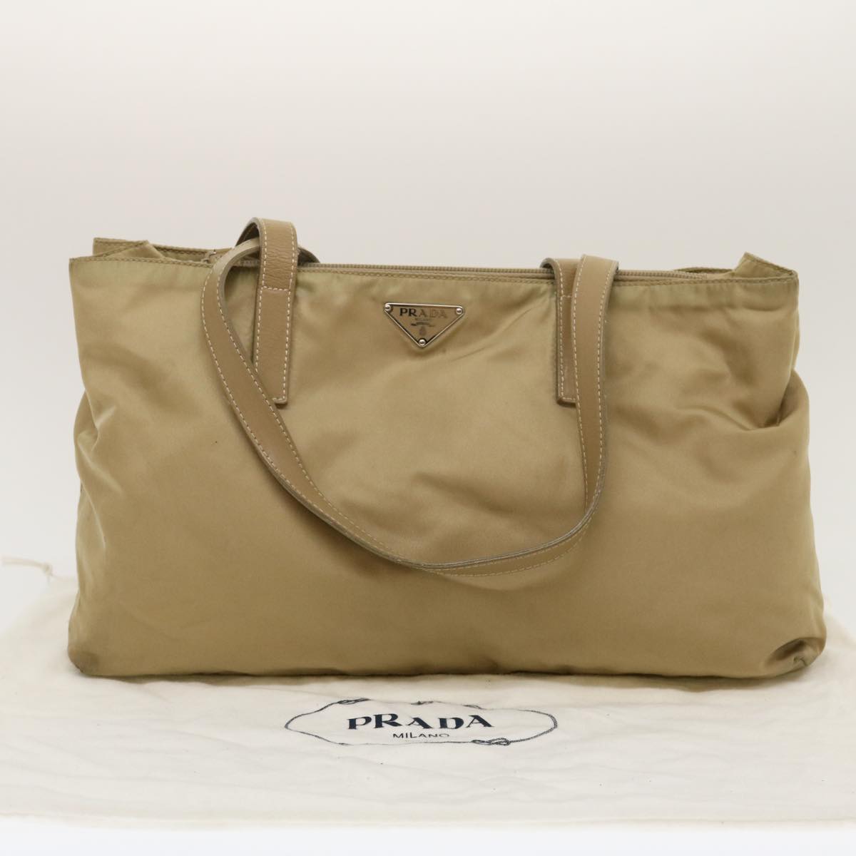 PRADA Tote Bag Nylon Beige Auth ar6825