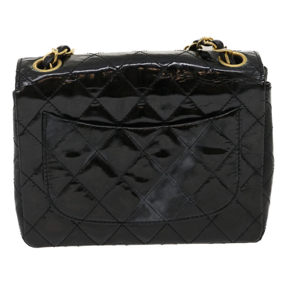 CHANEL Mini Matelasse Chain Flap Shoulder Bag Enamel Black Gold CC Auth ar6839A - 0