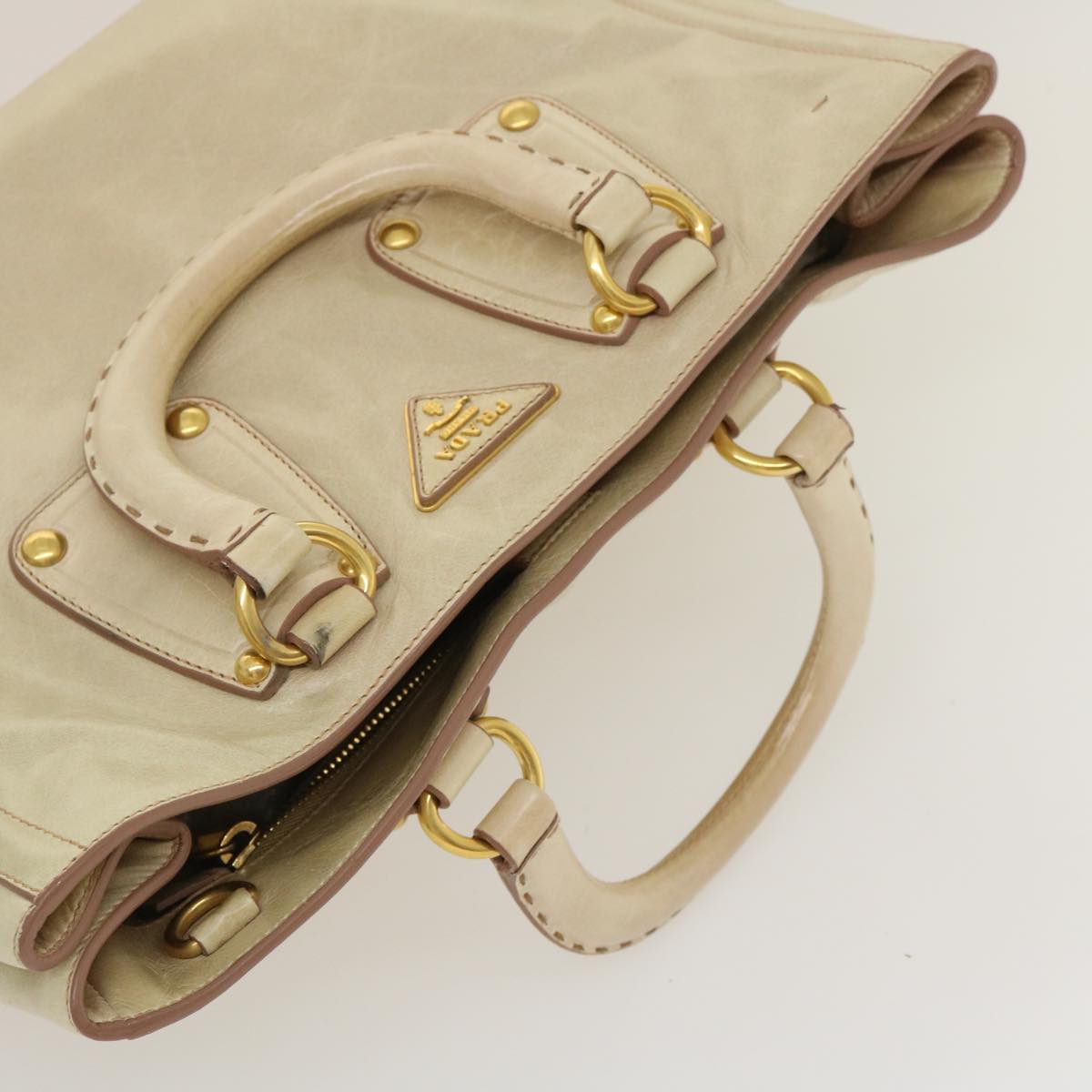 PRADA Hand Bag Leather Beige Auth ar7000