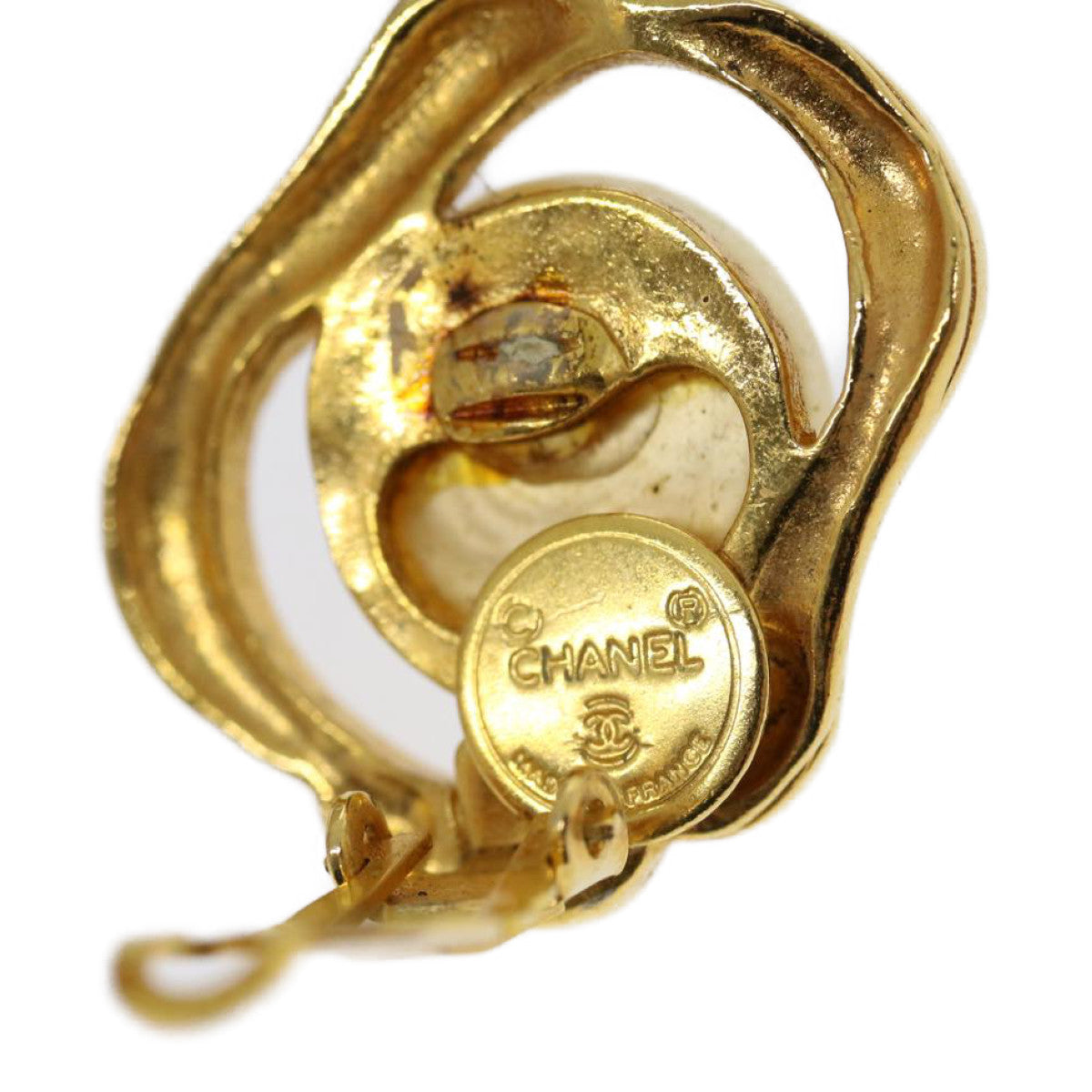 CHANEL Pearl Earring Gold CC Auth ar7353