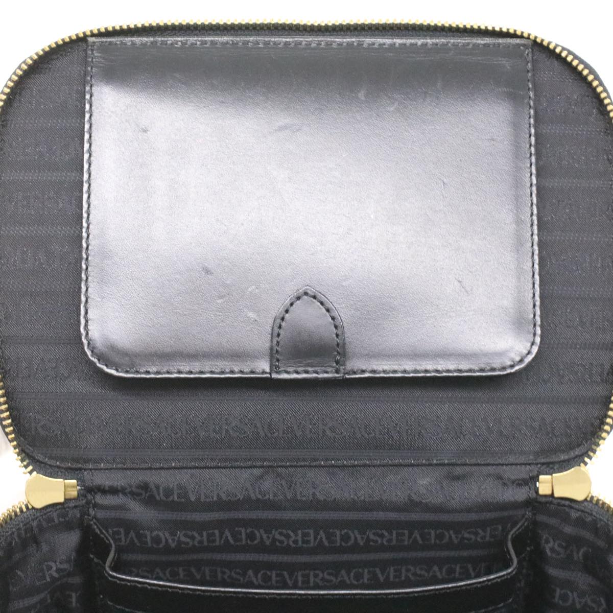 VERSACE Hand Bag Quill Mark Leather Black Auth ar8497