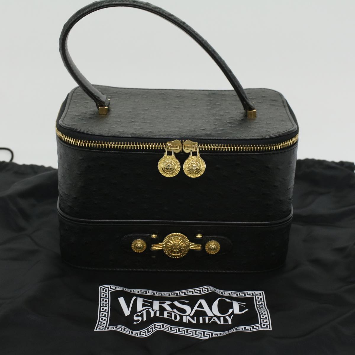 VERSACE Hand Bag Quill Mark Leather Black Auth ar8497