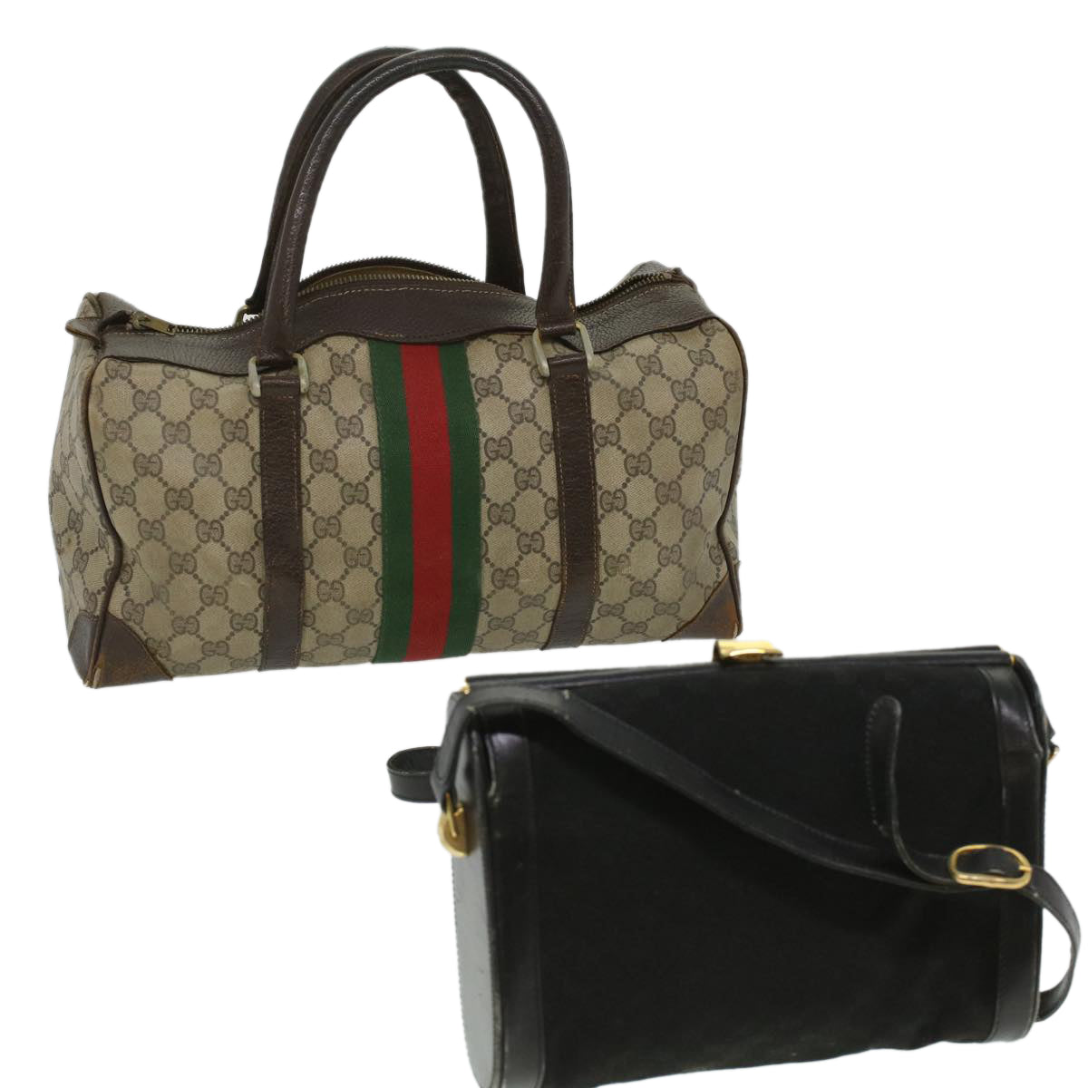 GUCCI GG Canvas Web Sherry Line Hand Bag 2Set Beige Red Green Auth ar8498