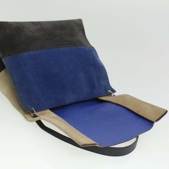 CELINE Shoulder Bag Suede Beige Blue black Auth ar8501