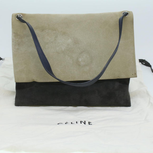 CELINE Shoulder Bag Suede Beige Blue black Auth ar8501