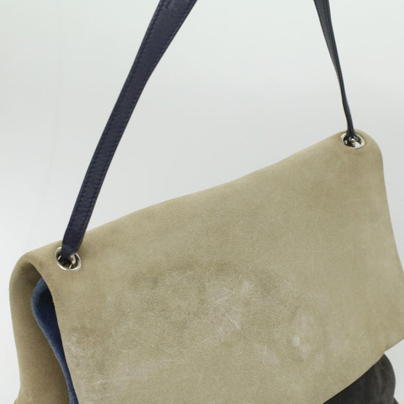 CELINE Shoulder Bag Suede Beige Blue black Auth ar8501