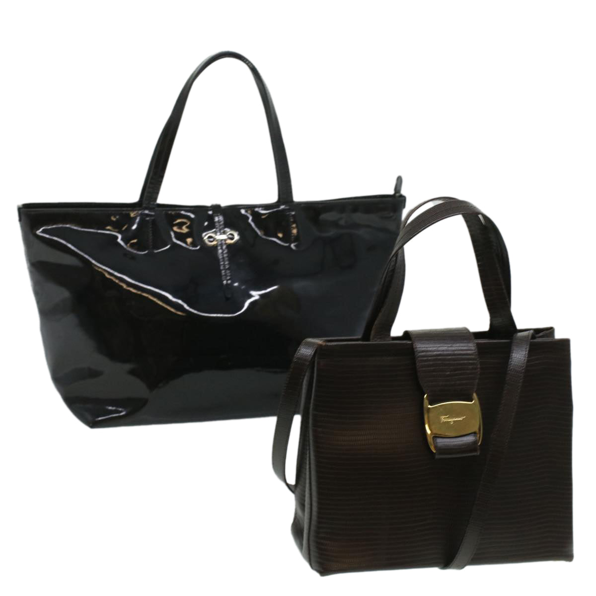 Salvatore Ferragamo Shoulder Hand Bag Leather 2Set Black Brown Auth ar8508 - 0