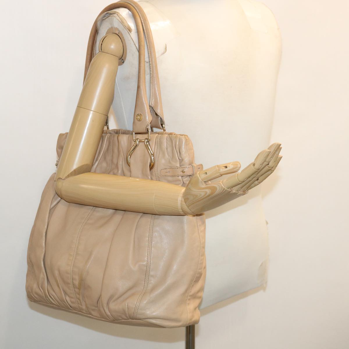 CELINE Shoulder Bag Leather Beige Auth ar8683