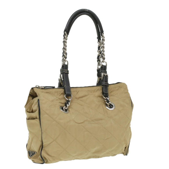 PRADA Quilted Chain Shoulder Bag Nylon Beige Auth ar8728