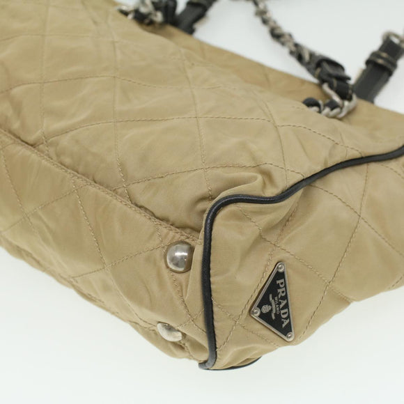 PRADA Quilted Chain Shoulder Bag Nylon Beige Auth ar8728