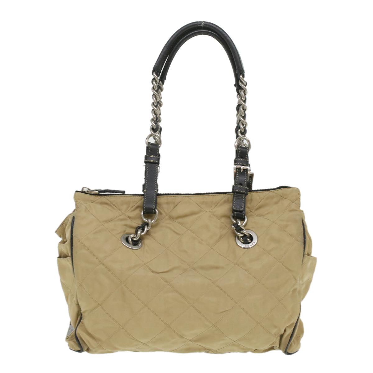 PRADA Quilted Chain Shoulder Bag Nylon Beige Auth ar8728