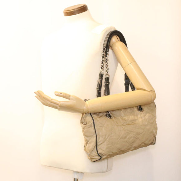 PRADA Quilted Chain Shoulder Bag Nylon Beige Auth ar8728