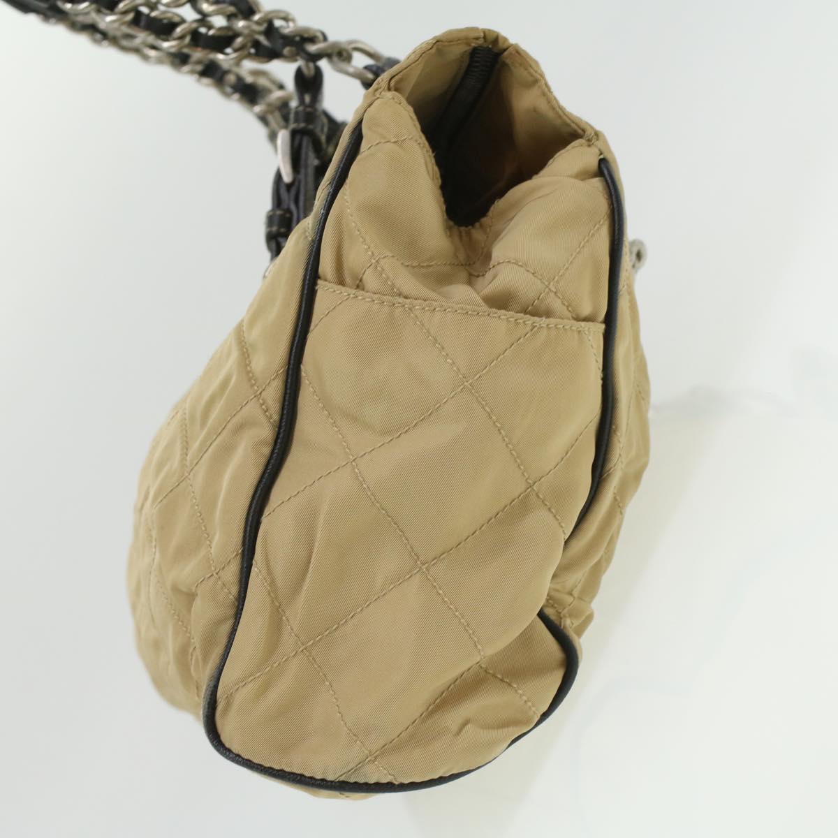 PRADA Quilted Chain Shoulder Bag Nylon Beige Auth ar8728