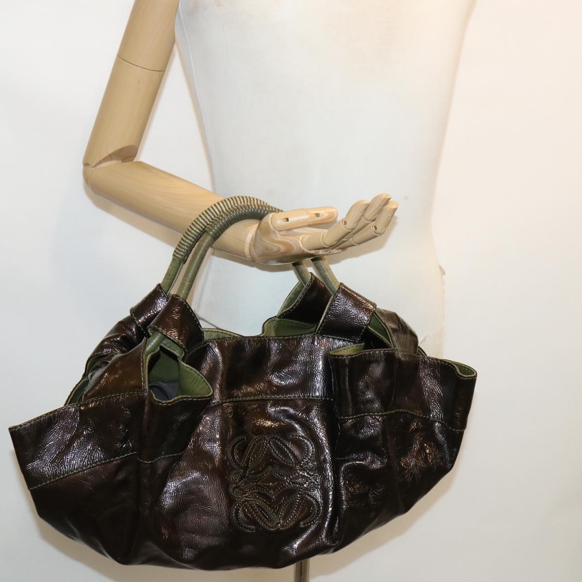 LOEWE Hand Bag Patent Leather Brown Khaki Auth ar8739