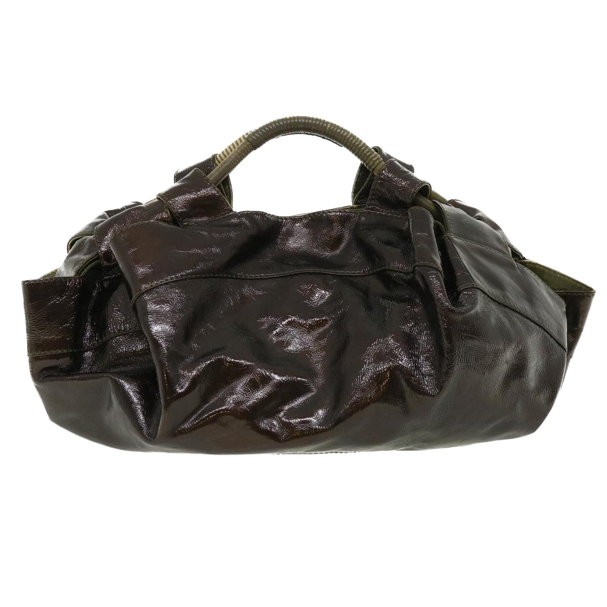 LOEWE Hand Bag Patent Leather Brown Khaki Auth ar8739 - 0