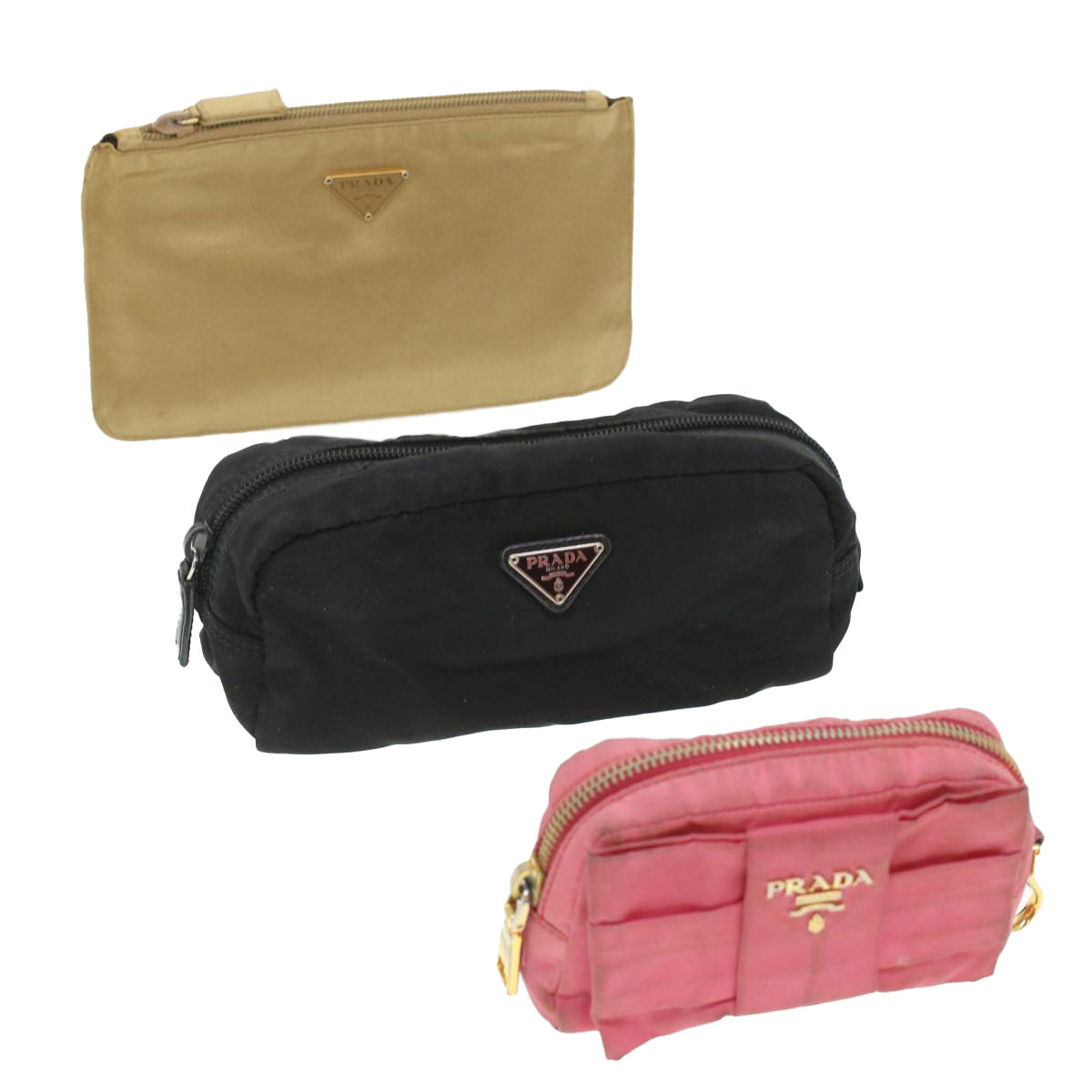 PRADA Pouch Nylon 3Set Beige Black pink Auth ar8800