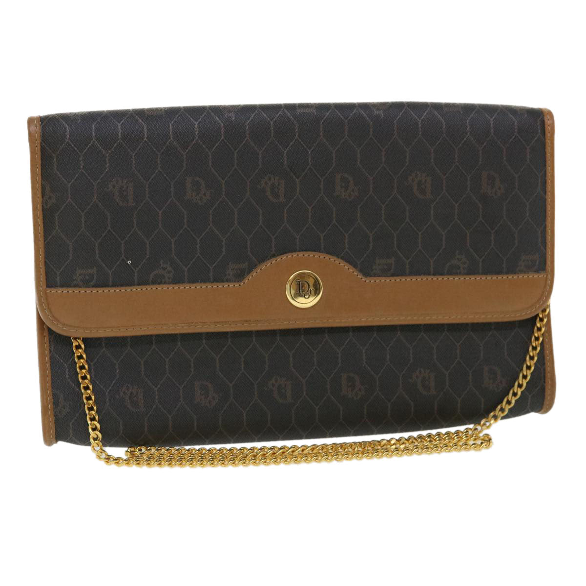 Christian Dior Honeycomb Canvas Chain Shoulder Bag PVC Leather Black Auth ar8856