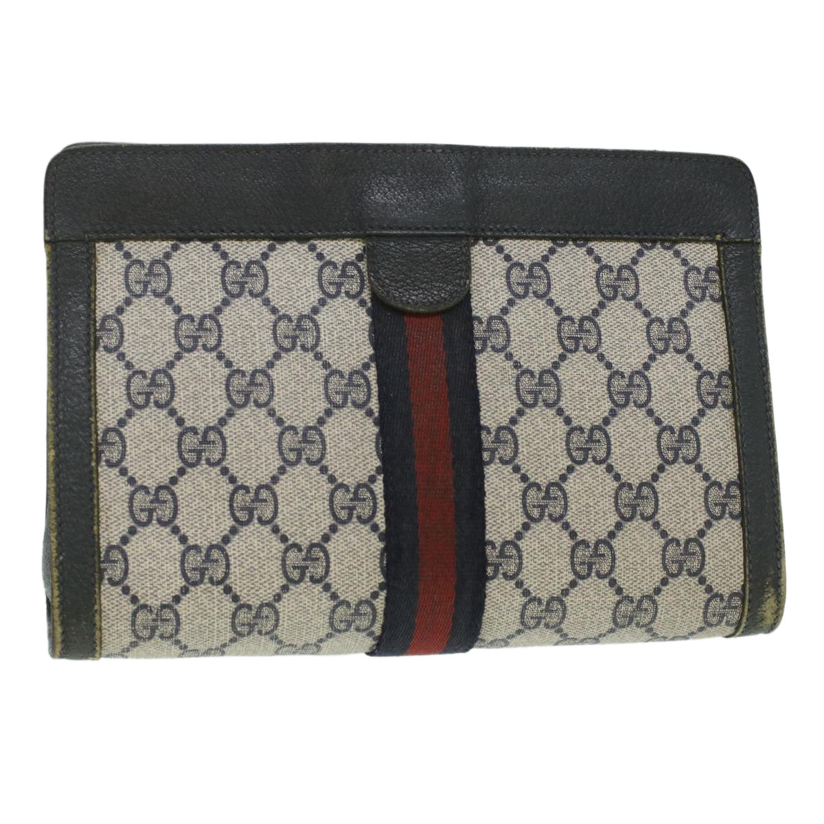 GUCCI GG Canvas Sherry Line Clutch Bag PVC Leather Gray Red Navy Auth ar8911