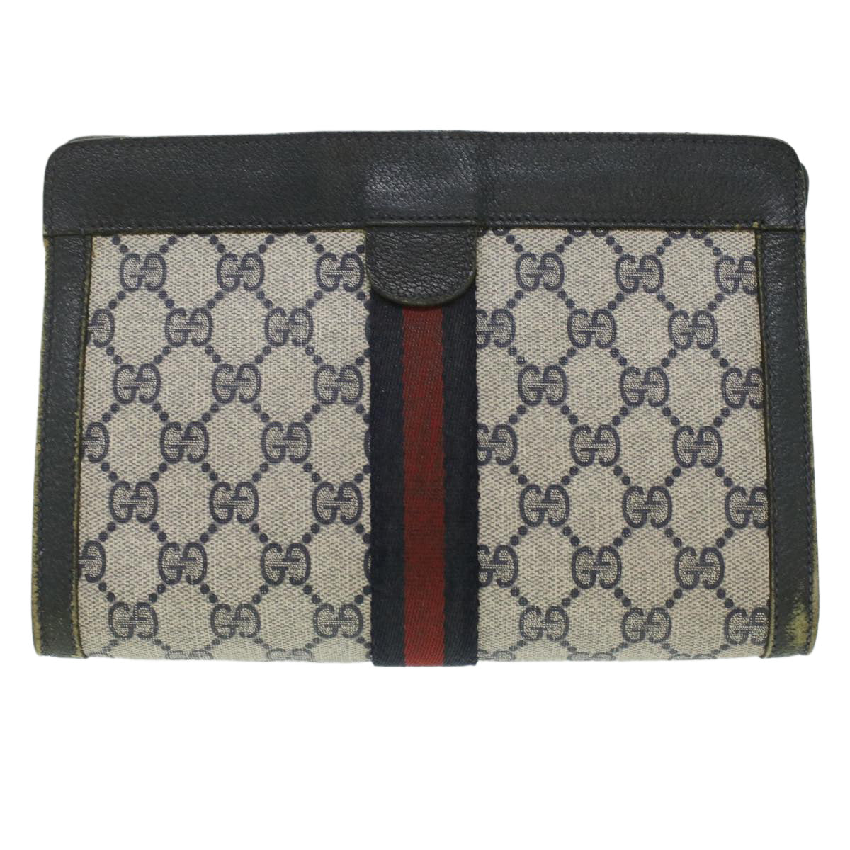 GUCCI GG Canvas Sherry Line Clutch Bag PVC Leather Gray Red Navy Auth ar8911