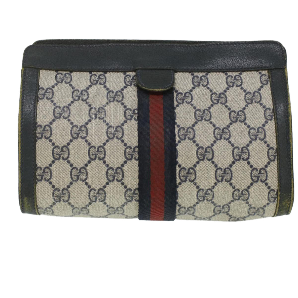 GUCCI GG Canvas Sherry Line Clutch Bag PVC Leather Gray Red Navy Auth ar8911 - 0