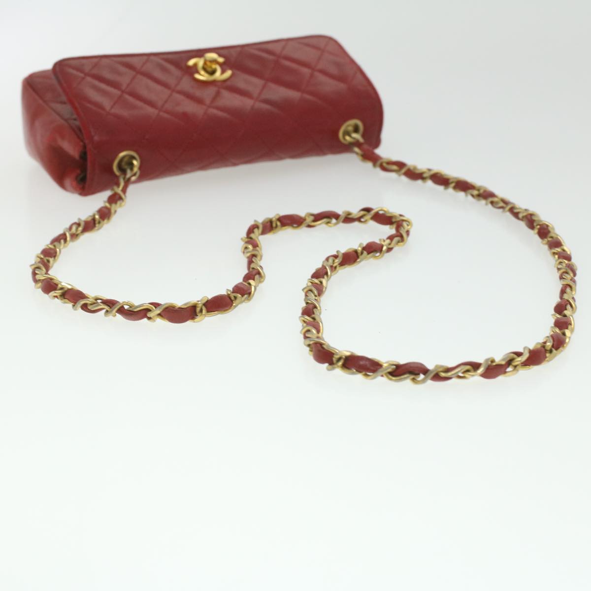 CHANEL Matelasse Chain Shoulder Bag Lamb Skin Red CC Auth ar8984