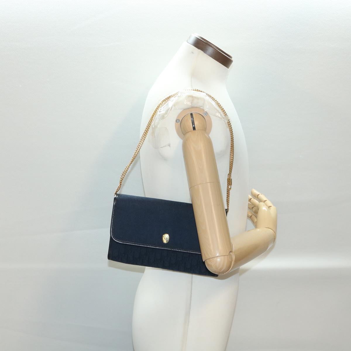 Christian Dior Trotter Canvas Chain Shoulder Bag Navy Auth ar9086