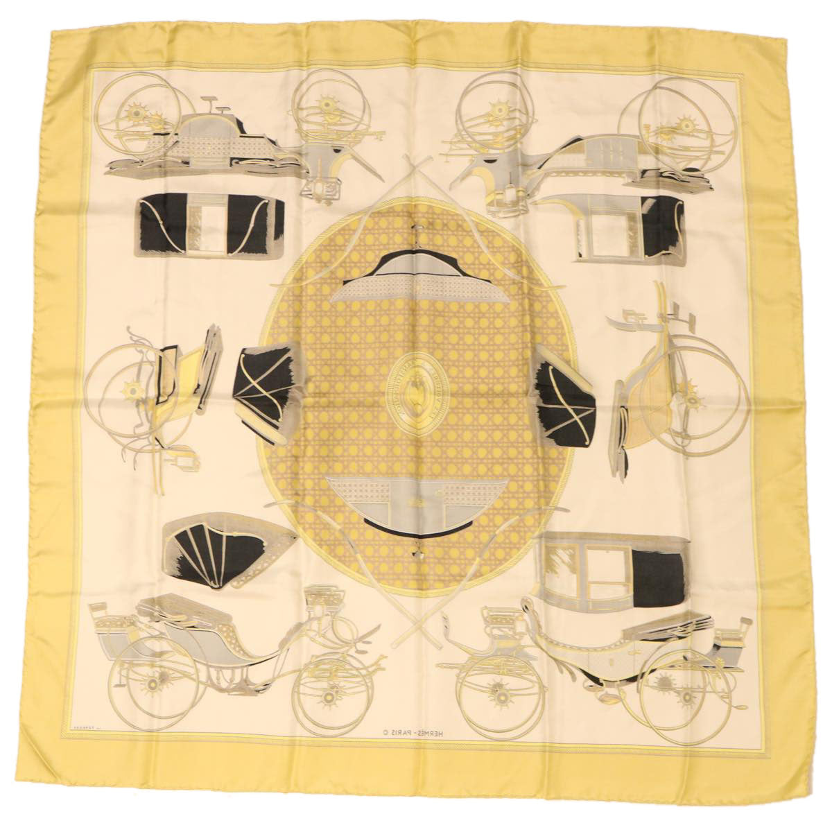 HERMES Carre 90 LES VOITURES A TRANSFORMATION Scarf Silk Gold White Auth ar9098