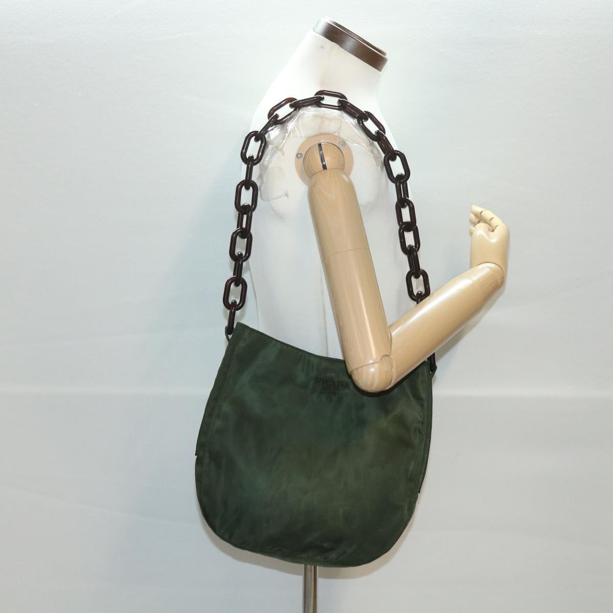 PRADA Chain Shoulder Bag Nylon Khaki Auth ar9117