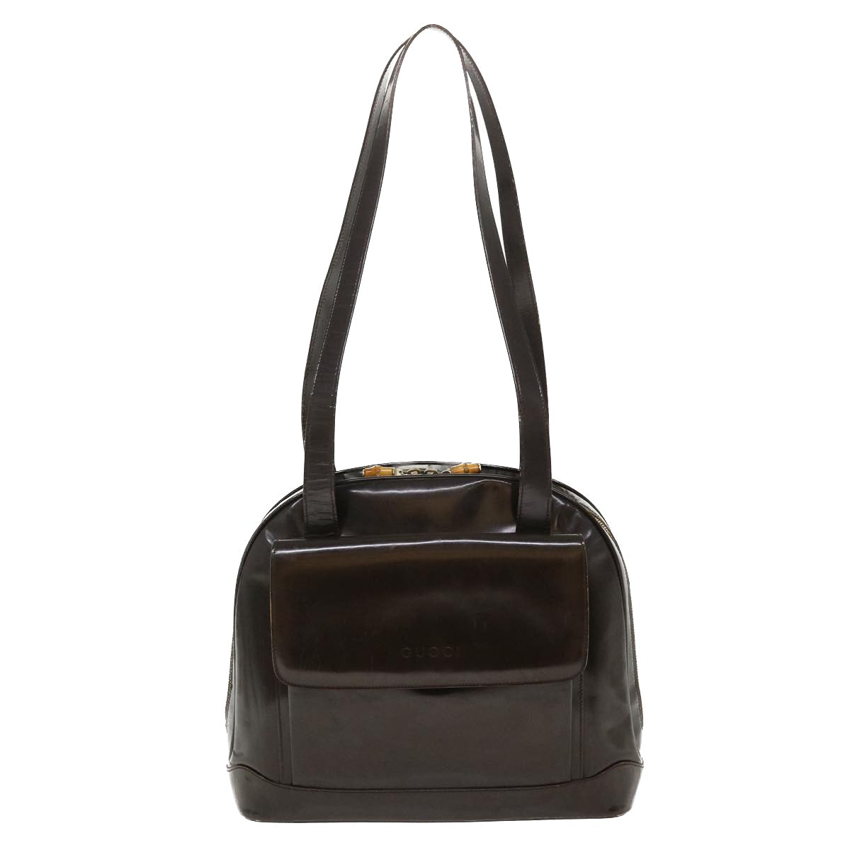 GUCCI Bamboo Shoulder Bag Patent leather Brown 001.2214.1649 Auth ar9167