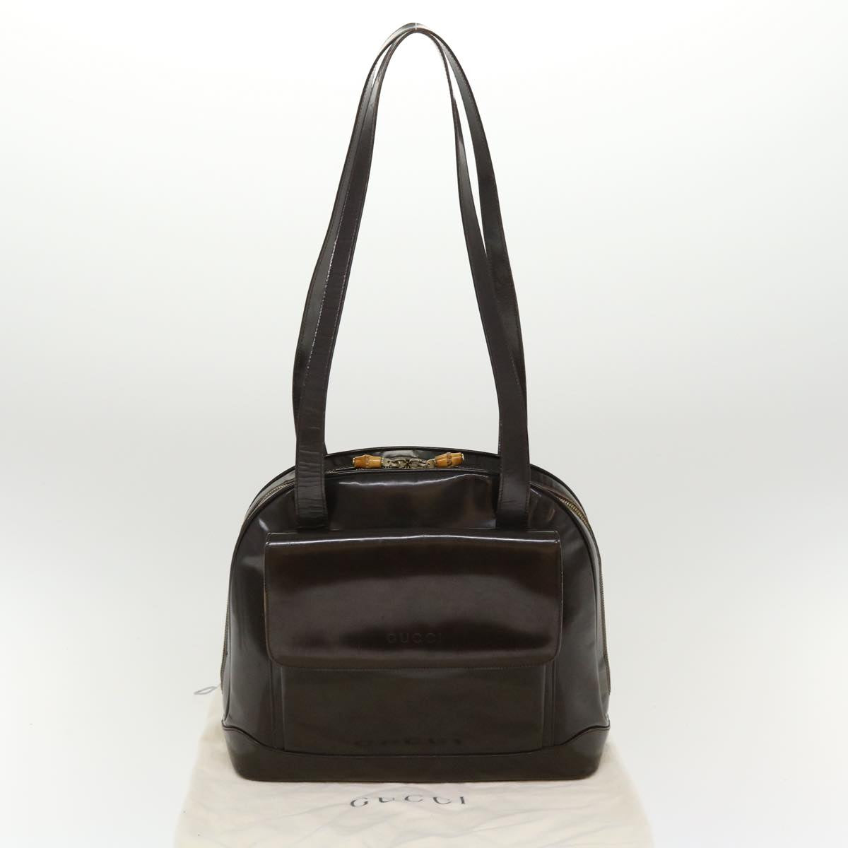 GUCCI Bamboo Shoulder Bag Patent leather Brown 001.2214.1649 Auth ar9167