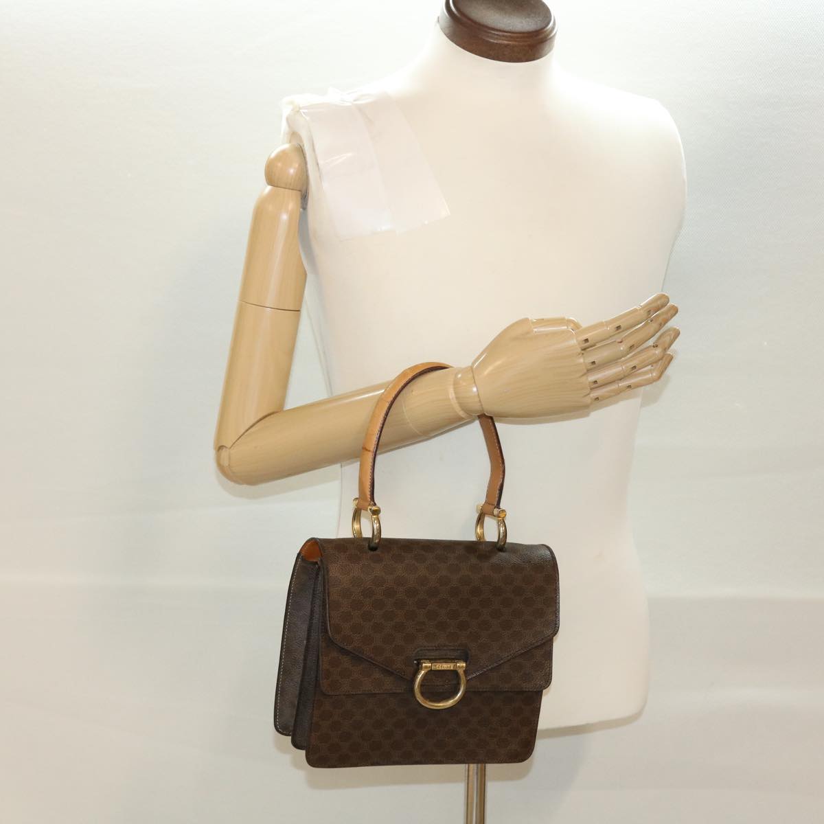 CELINE Macadam Canvas Hand Bag PVC Leather Brown Auth ar9218