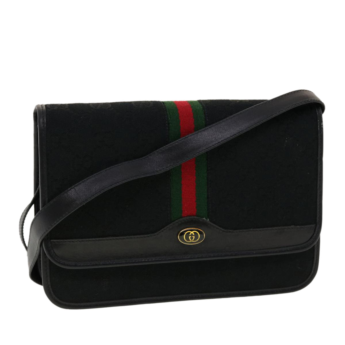 GUCCI GG Canvas Web Sherry Line Shoulder Bag Black Red Green Auth ar9276